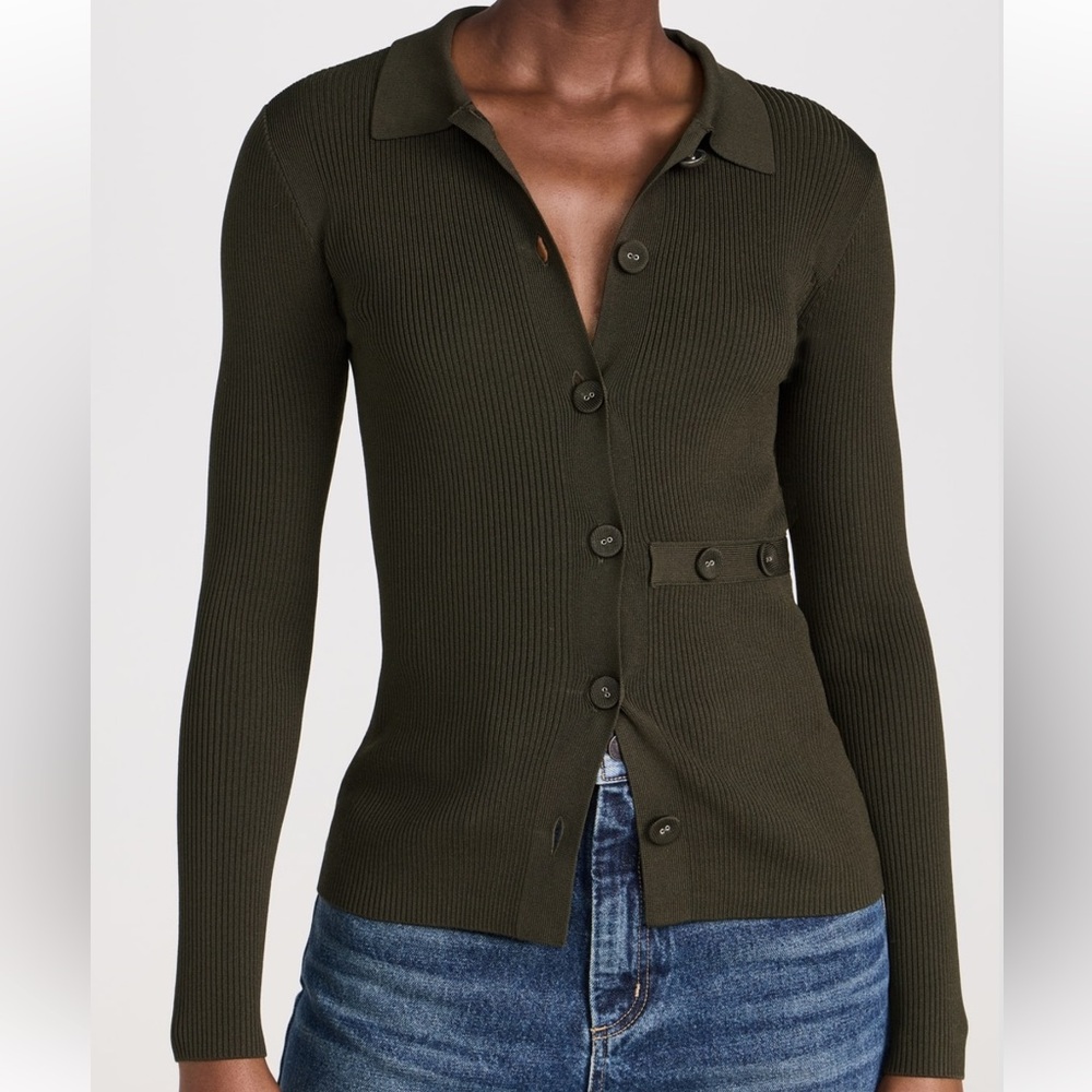 Pistola Dark Olive Ribbed Knit Top Fitted Button Down Kealy Cardigan Size M